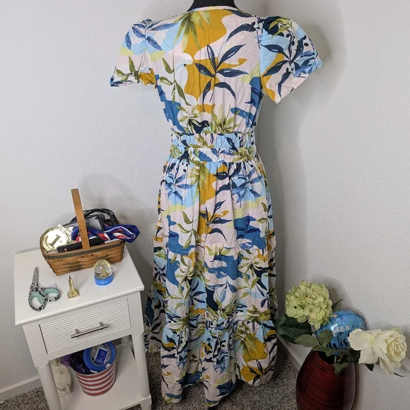 💘 CYNTHIA ROWLEY Somerset A-line Maxi Multi Floral Print Smocked - Picture 3 of 5